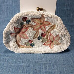 1940s White Hand Beaded Flower Clutch by Saks 5th Ave